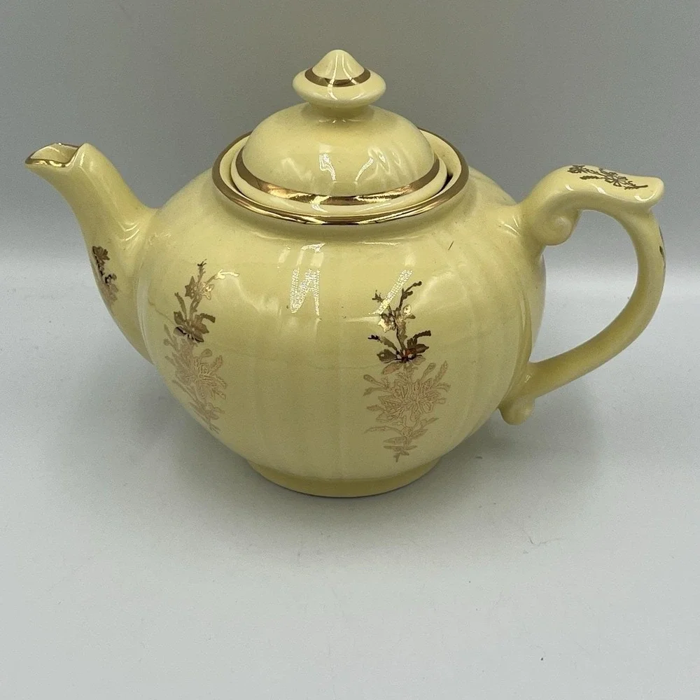 Vintage Pearl China Teapot Yellow with Lid 22K Trim And Flowers 5.5